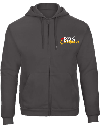 Sweat à capuche gris avec logo coloré "BRS" sur la poitrine.