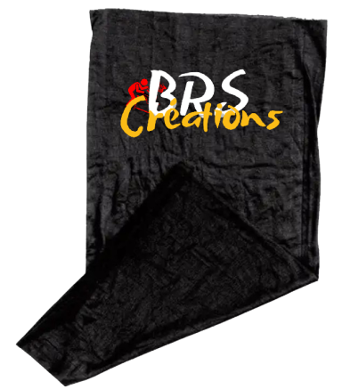 Serviette noire avec logotype "BDS Creations" en blanc et jaune.
