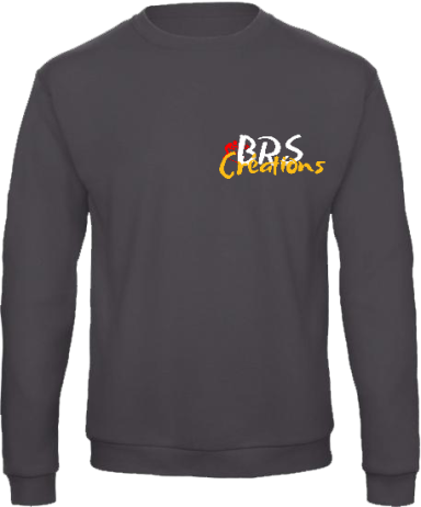 Sweat-shirt gris avec le logo "BRS Creations" sur le devant.